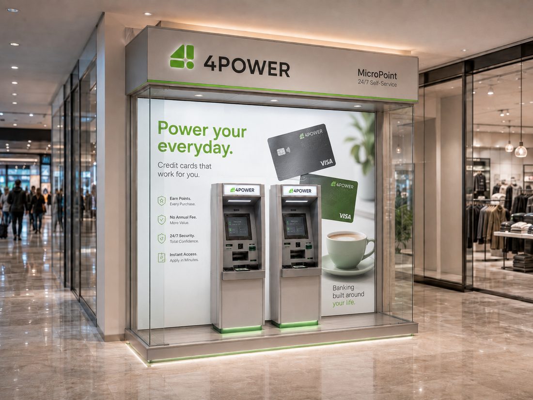 A MicroPoint digital branch behind glass in a shopping mall, with two self-service terminals and a branded display wall