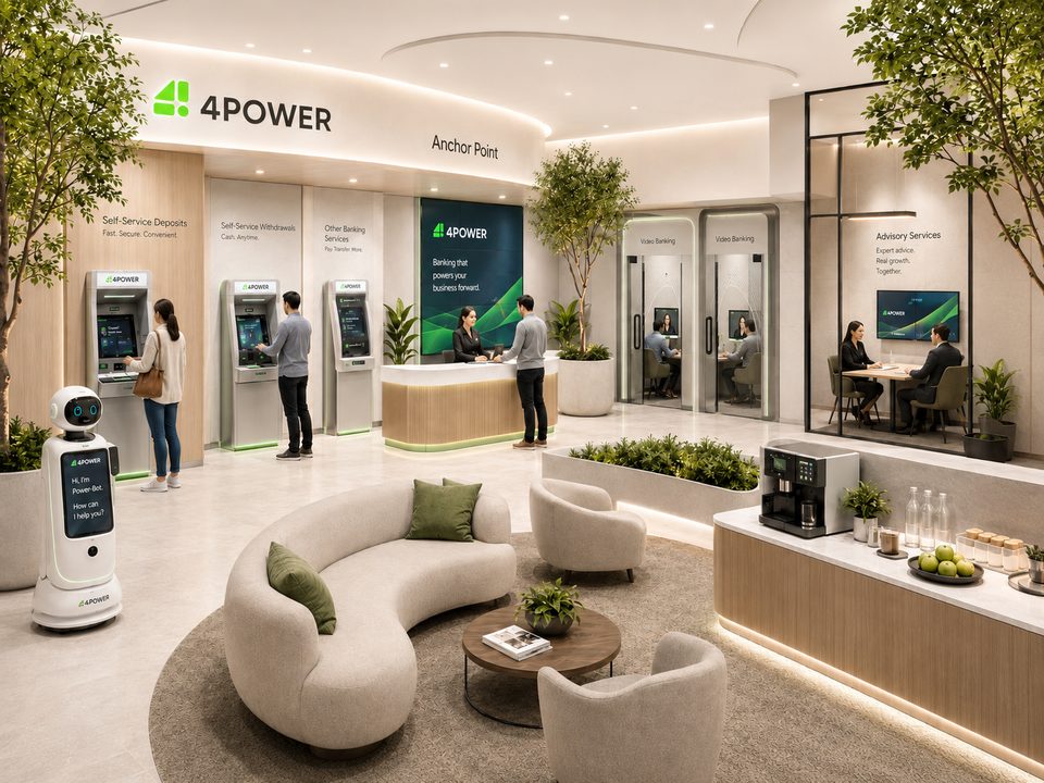 An AnchorPoint branch with multiple terminals, an assisted desk, video banking rooms and an advisory zone