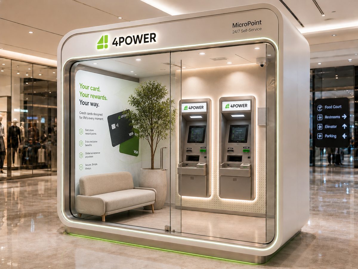 A MicroPoint pod with two self-service terminals, seating and a branded display