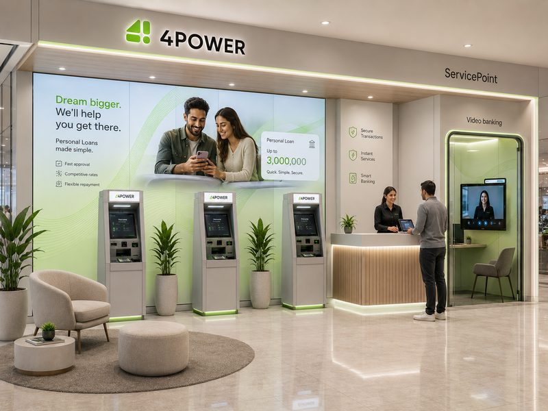 Three self-service terminals in a ServicePoint, with a branded product wall behind