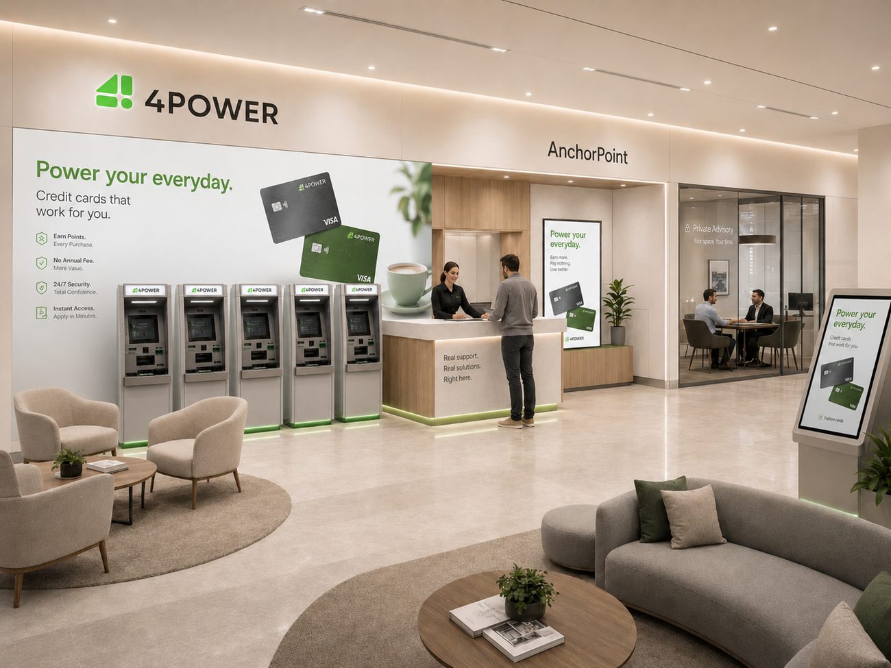 An AnchorPoint branch — five self-service terminals, an assisted desk, seating and a private advisory room