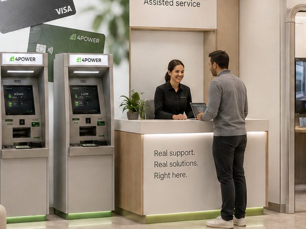 A staff member assisting a customer at the service desk
