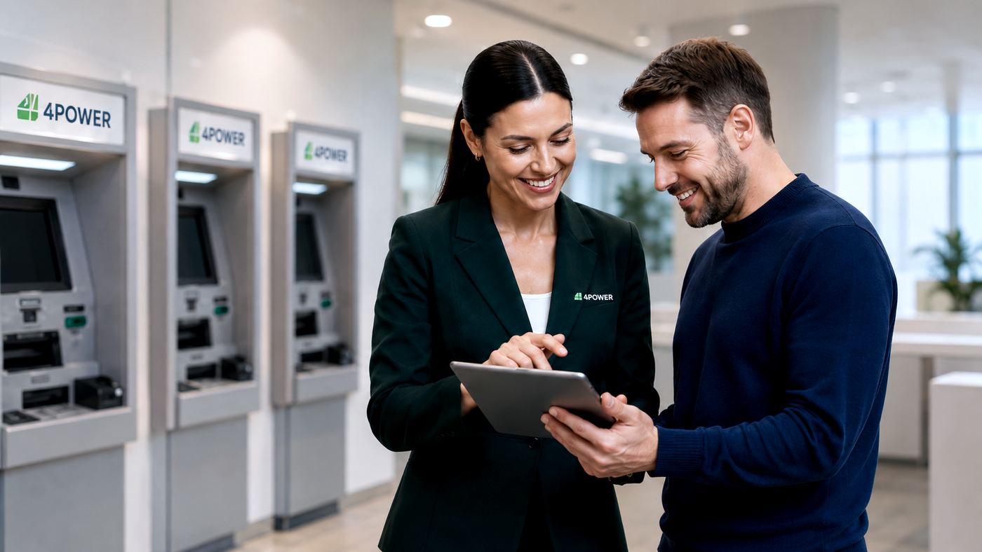 A 4POWER team member reviewing estate performance on a tablet with a customer, in front of a run of 4POWER self-service machines